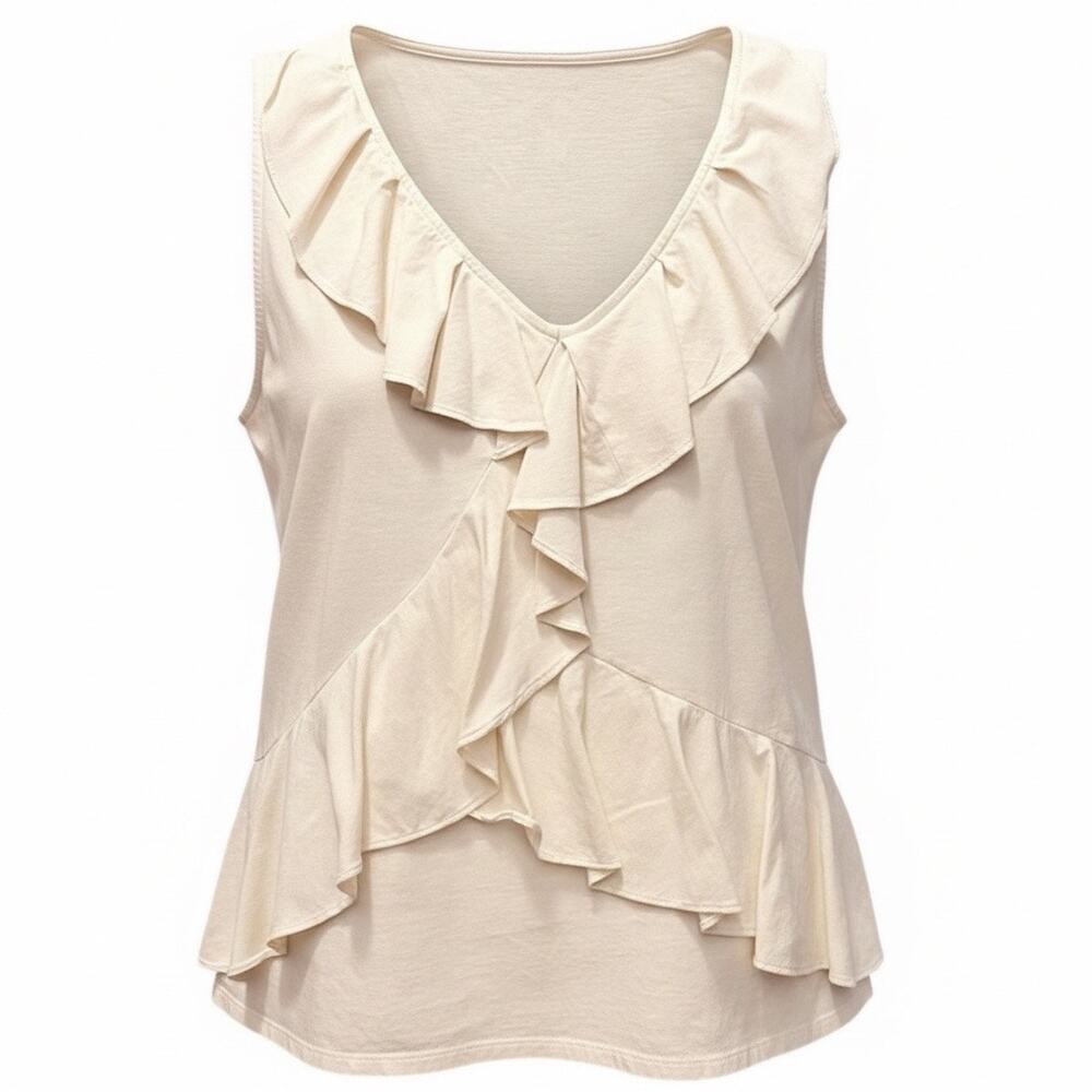 Garnet Hill Pima Cotton Ruffle Front V-Neck Tank Top Blouse Ivory Women L